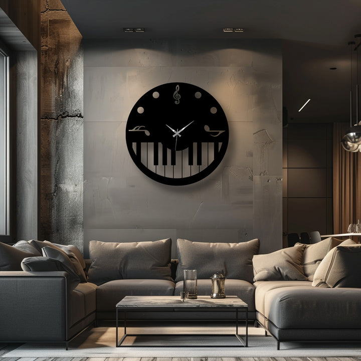 Deep black decorative metal art, a sleek music theme metal wall clock featuring a piano key design, anchors a modern living room.