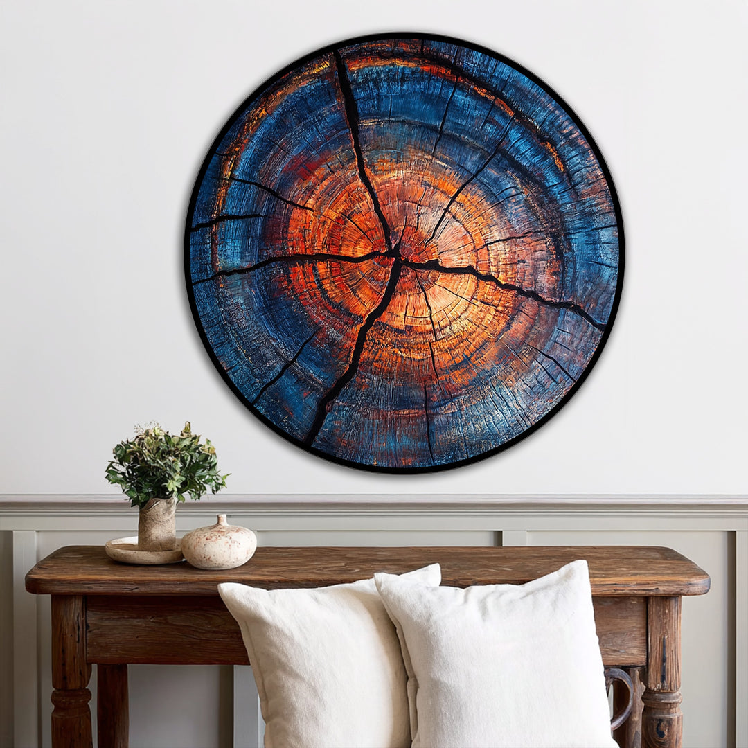 Vibrant transitions from fiery orange to deep blue highlight the intricate details of this abstract wood ring oil painting wall art, creating a captivating visual effect.