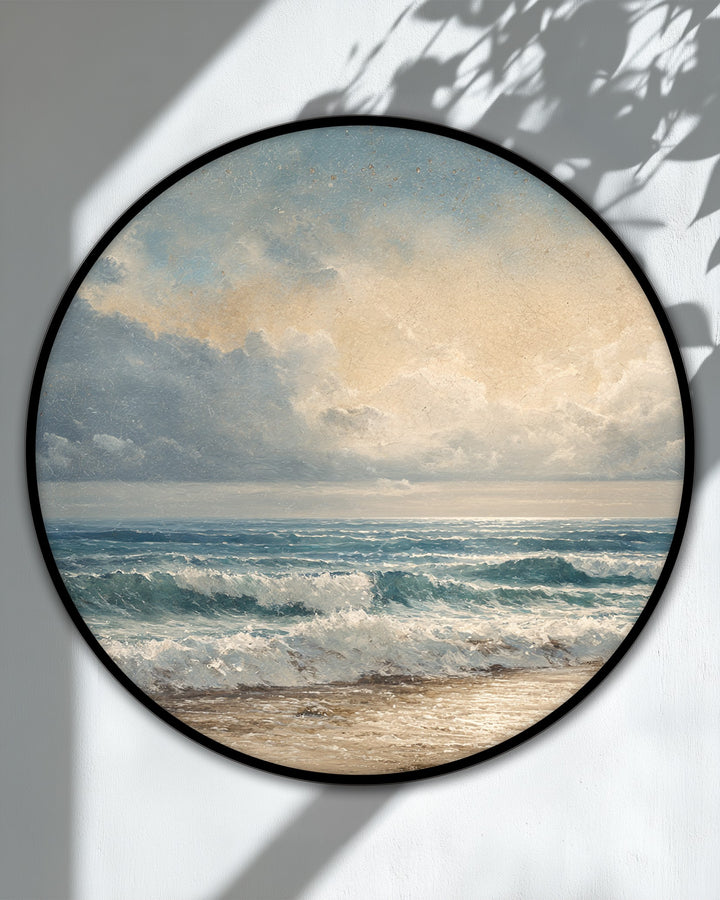Showcasing the realistic detail of this coastal waves and sandy shore canvas print, a unique canvas print featuring a classic seascape with meticulously rendered ocean surf and a sunlit beach.
