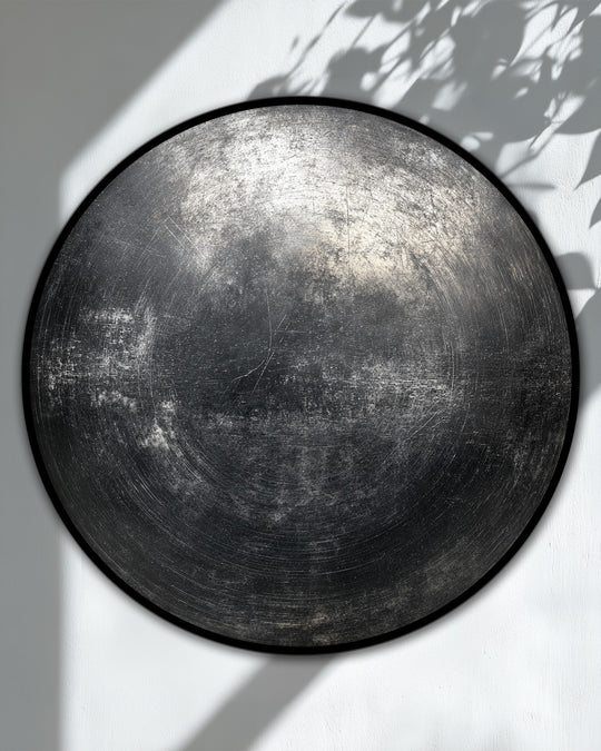 The darkest area features swirling textures on this industrial black round canvas, part of the premium canvas decor collection, creating modern minimal wall art.