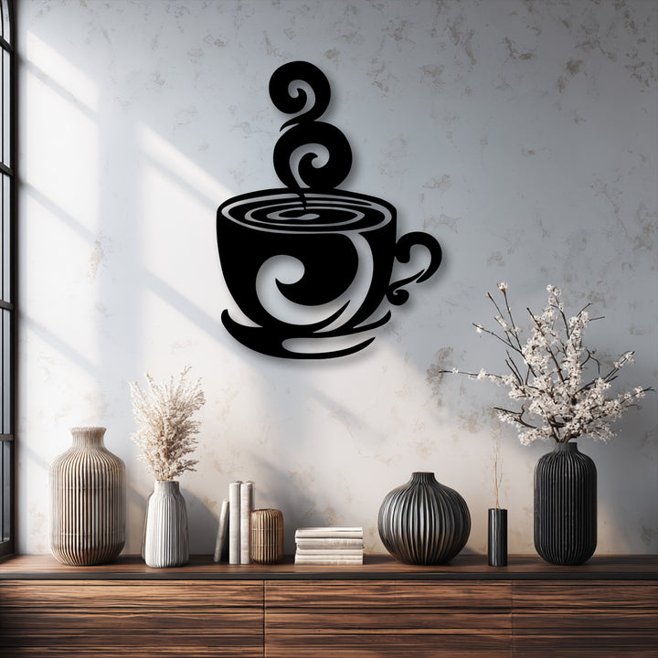 Bold geometric circles and elegant swirls form the unique coffee cup silhouette metal decoration wall art.