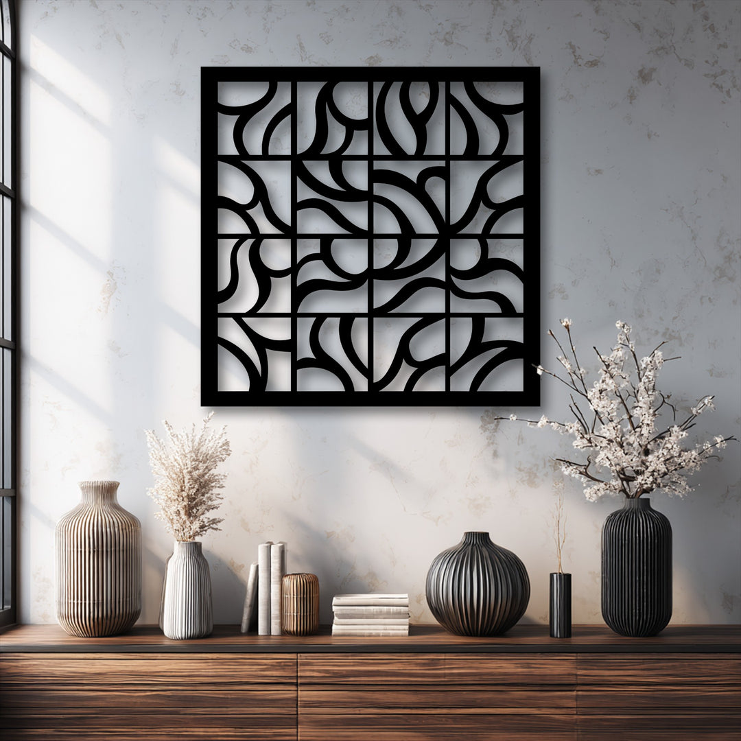 A prominent black geometric flow grid, a unique metal wall art piece, displays intricate abstract curvilinear patterns.