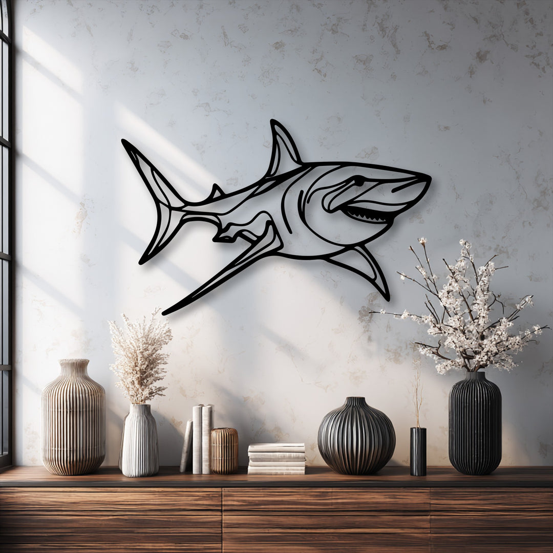The sharp, clean edges and defined borders of the dynamic shark decorative metal art emphasize its sleek, modern outline.