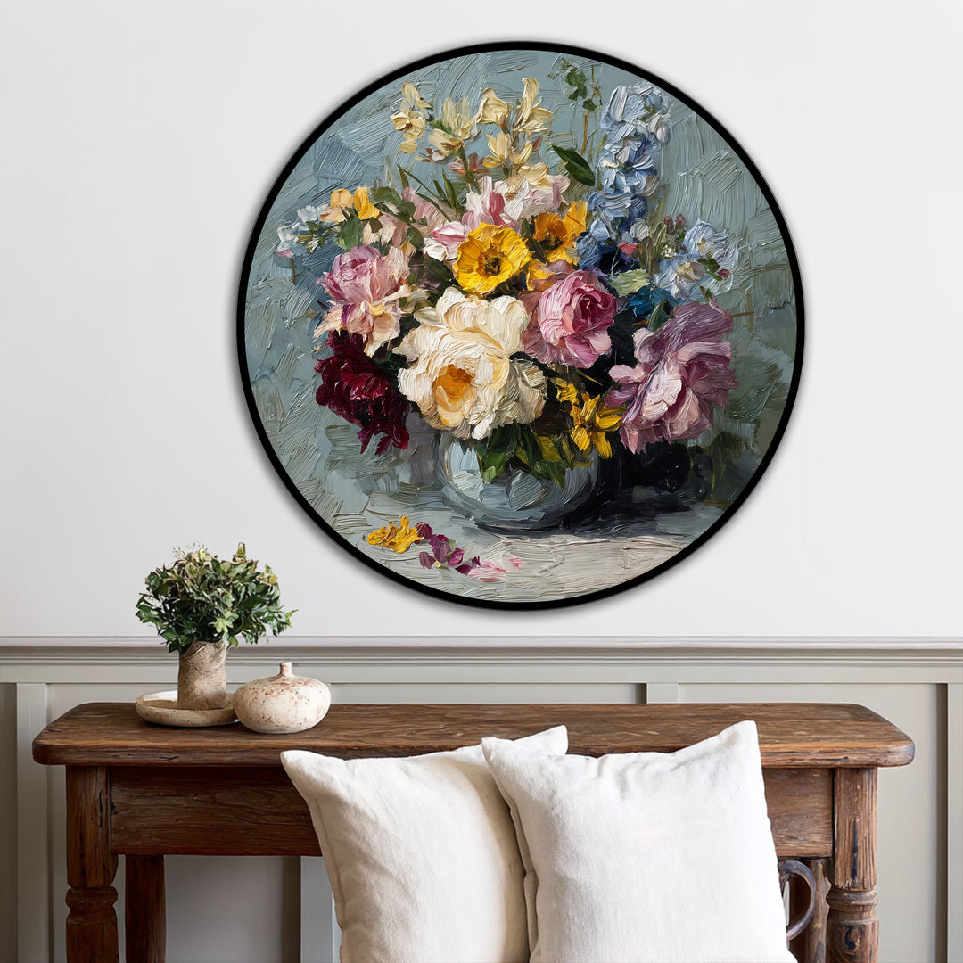 Radiant garden bouquet round oil painting home decor features vibrant floral hues and textures, creating an expressive and elegant statement piece.