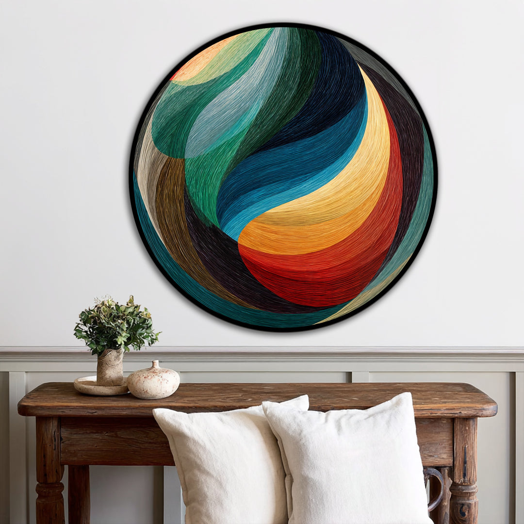Featuring geometric elements, this modern abstract round chromatic flow presents an oil painting reproduction print with bold lines of green, blue, yellow, and red hues.