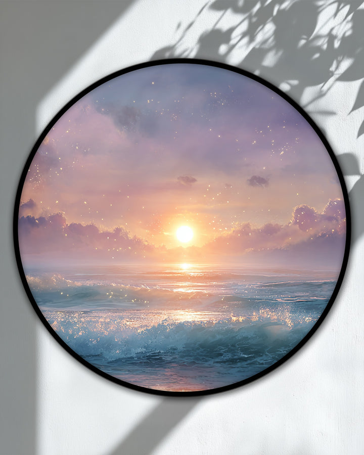 Featuring a smooth, matte finish, this round dreamlike sunset sparkle ocean canvas wall decor print highlights the magical seascape.