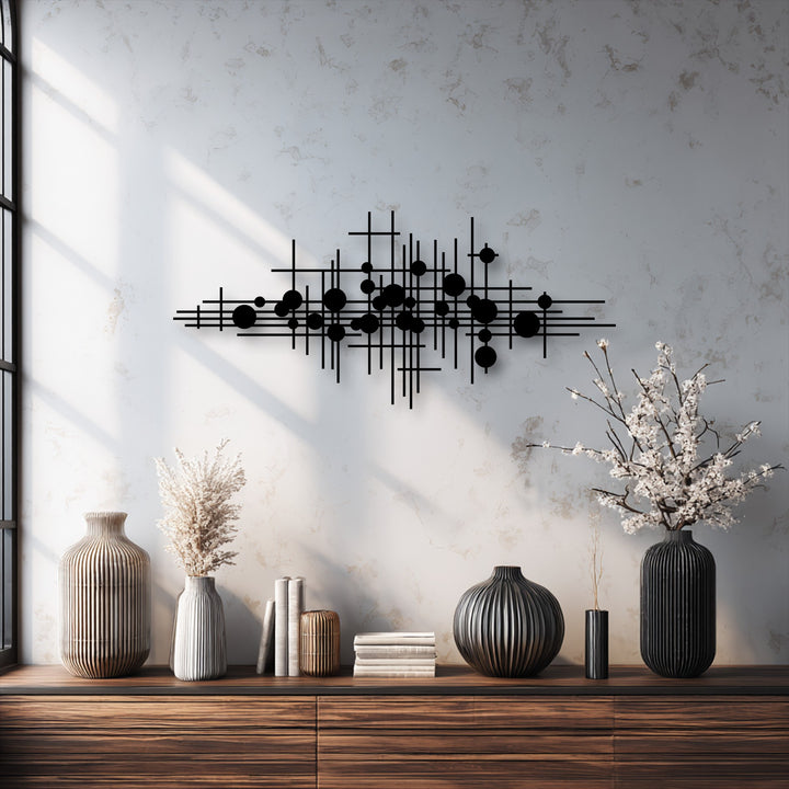 The high-quality decorative metal art showcases precision-cut geometric lines, offering a durable and modern abstract decor piece.