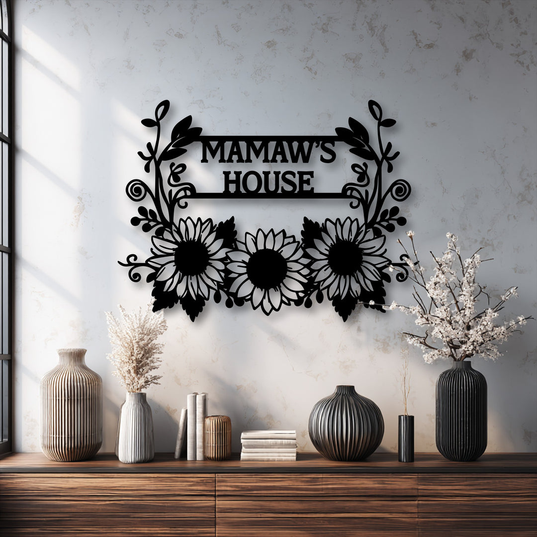 The personalized sunflower metal artwork creates a harmonious visual rhythm with its symmetrical floral patterns and elegant custom lettering.