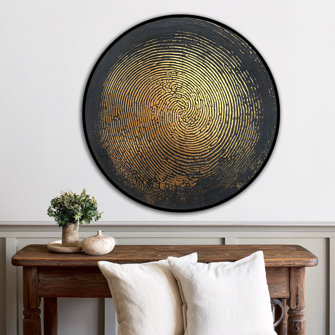 Circular lines create a striking visual rhythm in this abstract golden pulse wooden modern oil painting art, drawing the eye to its textured, radiant core.