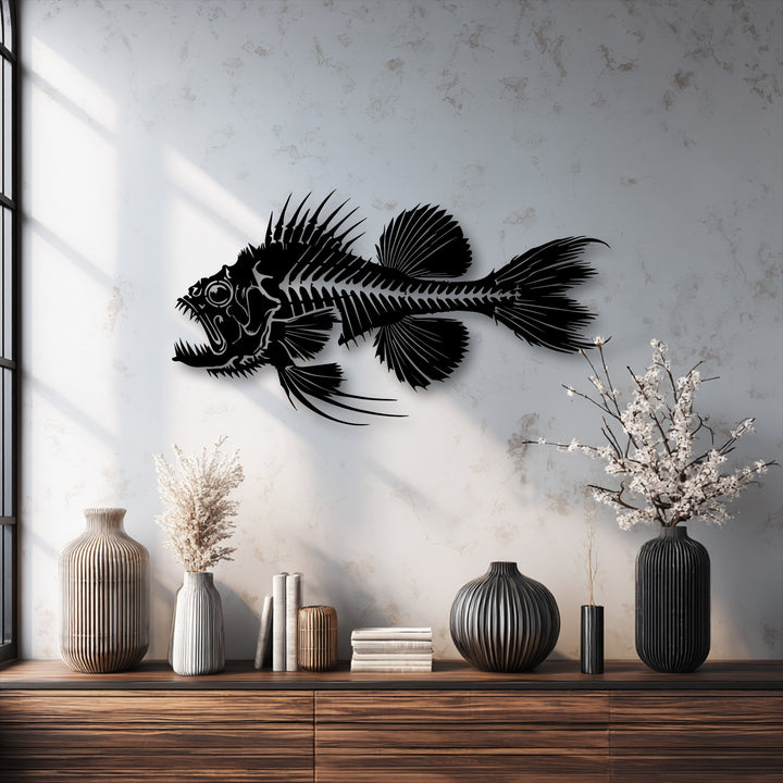 The intricate layering effect of the predator fish skeleton metal wall decor creates a dynamic shadow on the light-textured wall.