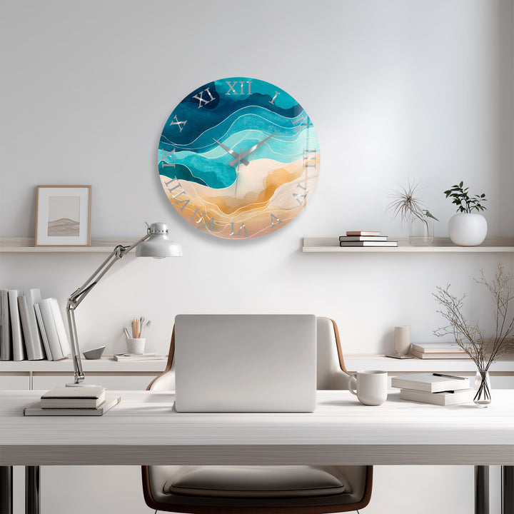 Abstract Coastal Glass Wall Clock – Blue Ocean Wave Decor