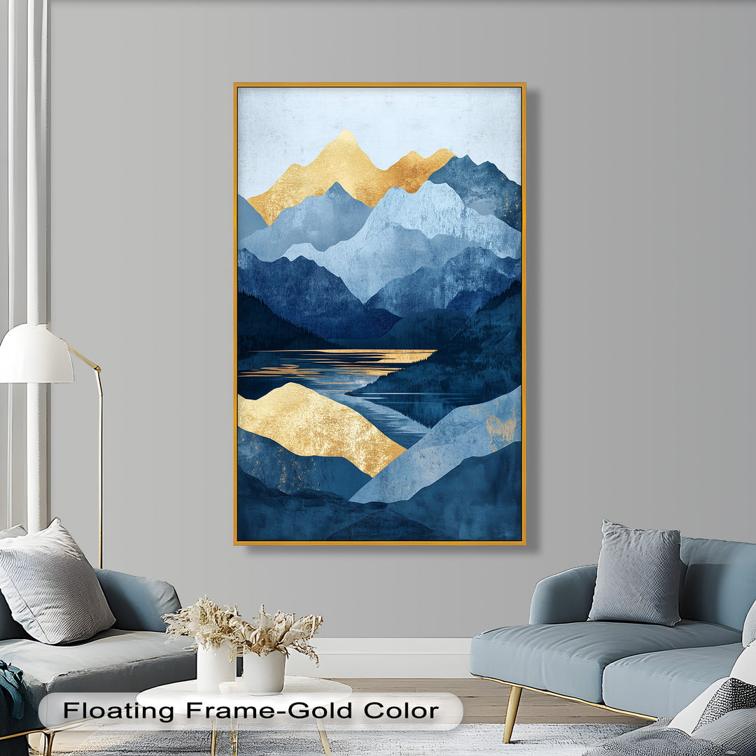Golden Horizon – Abstract Blue Mountain Landscape Oil Painting
