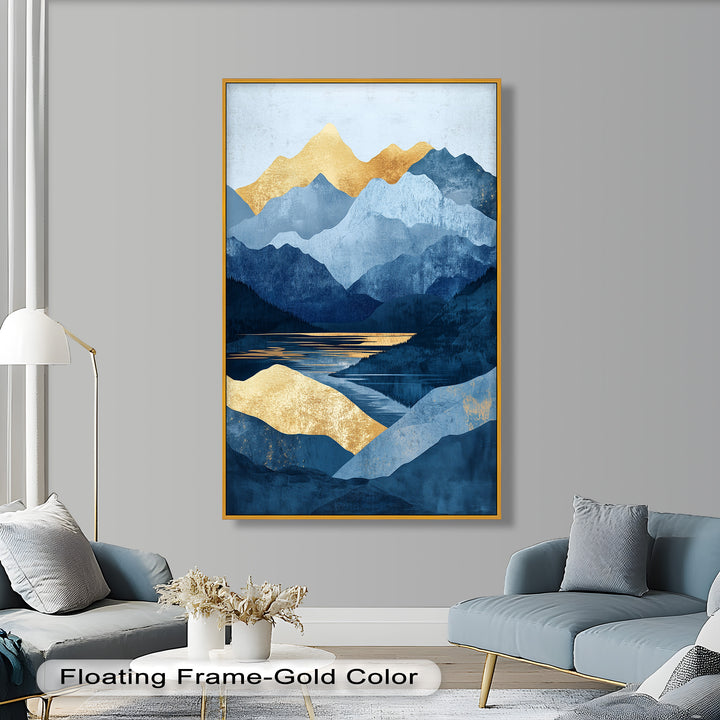 Golden Horizon – Abstract Blue Mountain Landscape Oil Painting