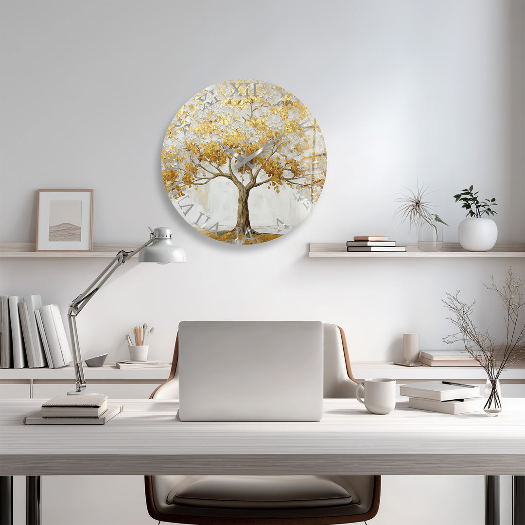 Gold Tree of Life Glass Wall Clock – White and Gold Modern Decor