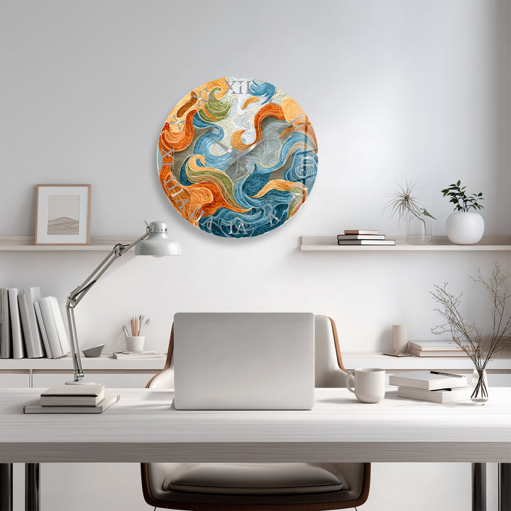 Abstract Ocean Glass Wall Clock – Blue and Orange Wave Art