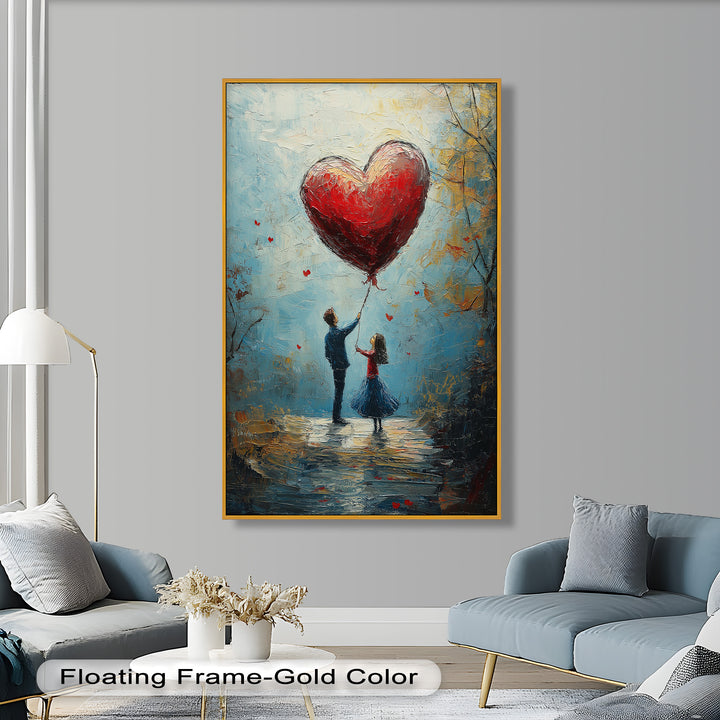 Romantic Red Heart Balloon Scene - Love Oil Painting
