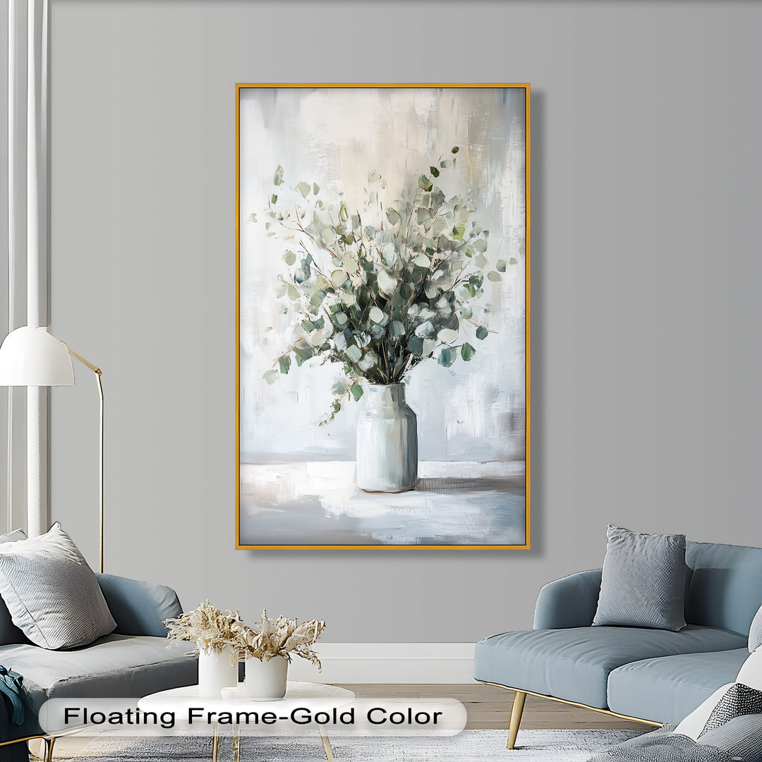 Eucalyptus Essence – Minimalist Greenery in Ceramic Vase Oil Painting