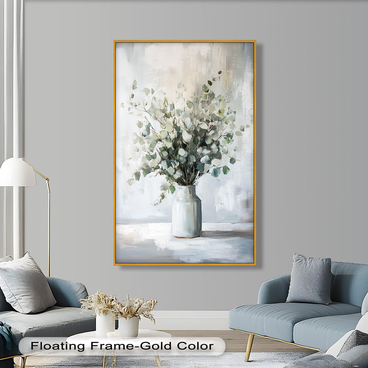 Eucalyptus Essence – Minimalist Greenery in Ceramic Vase Oil Painting