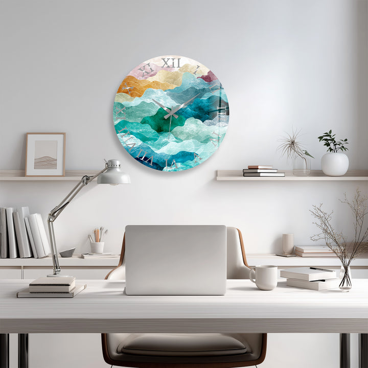 Abstract Mountain Glass Wall Clock – Teal Boho Landscape Decor
