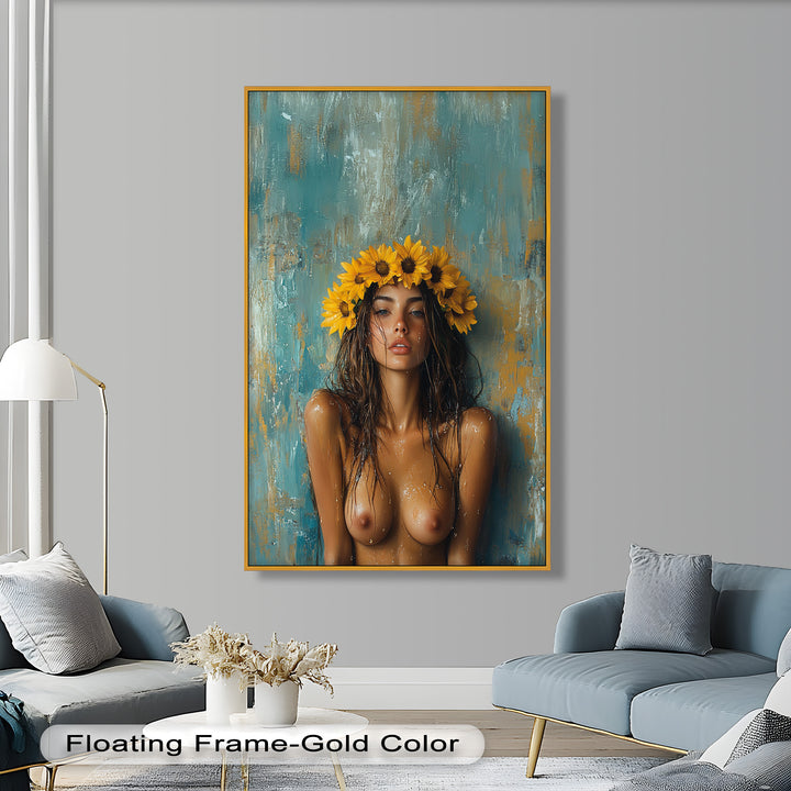 Sun-Kissed Solstice – Woman with Sunflower Crown Abstract Oil Painting