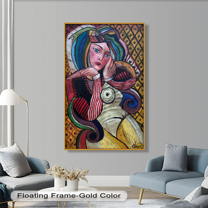 Melancholy in Stripes – Colorful Cubist Woman Portrait Picasso Oil Painting