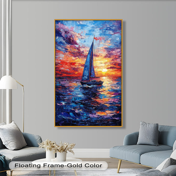 Crimson Horizon – Sunset Voyage Boat Oil Painting
