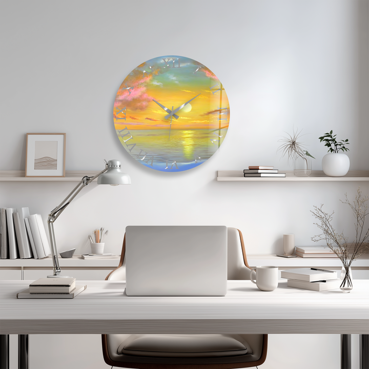 Ocean Sunset Glass Wall Clock – Golden Coastal Decor