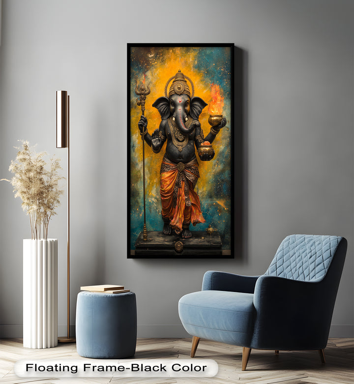 An artistic representation of Ganesha in a blessing pose, adorned in traditional attire and set against a radiant, celestial backdrop.