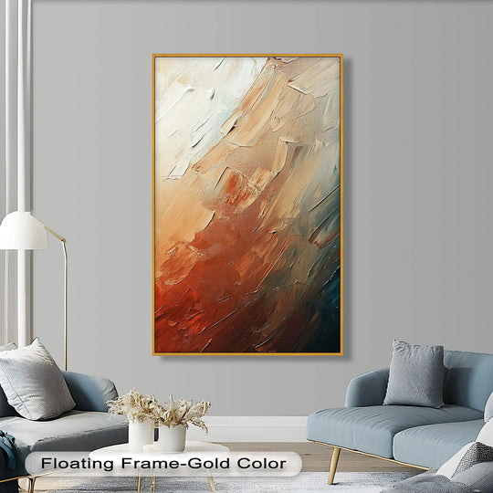 Negative space surrounds the desert flame abstract oil painting with a gold floating frame, creating a minimalist aesthetic with rich, earth-toned oil painting decoration.