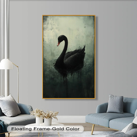 Dramatic color contrast highlights the solitary black swan in this moody oil painting decoration, creating a compelling focal point with its dark plumage against a muted backdrop.