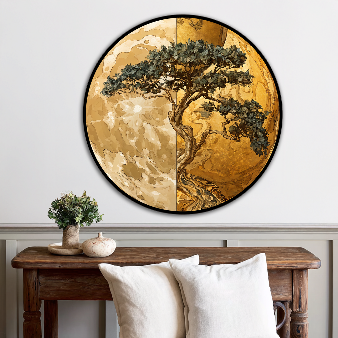 Round oil painting reproduction print showcasing geometric balance through contrasting golden sections and a symbolic tree silhouette.