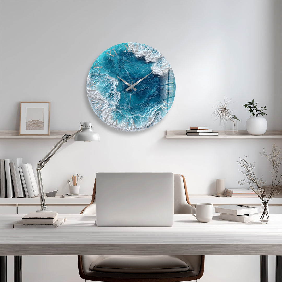 Ocean Waves Glass Wall Clock – Blue Coastal Beach House Decor