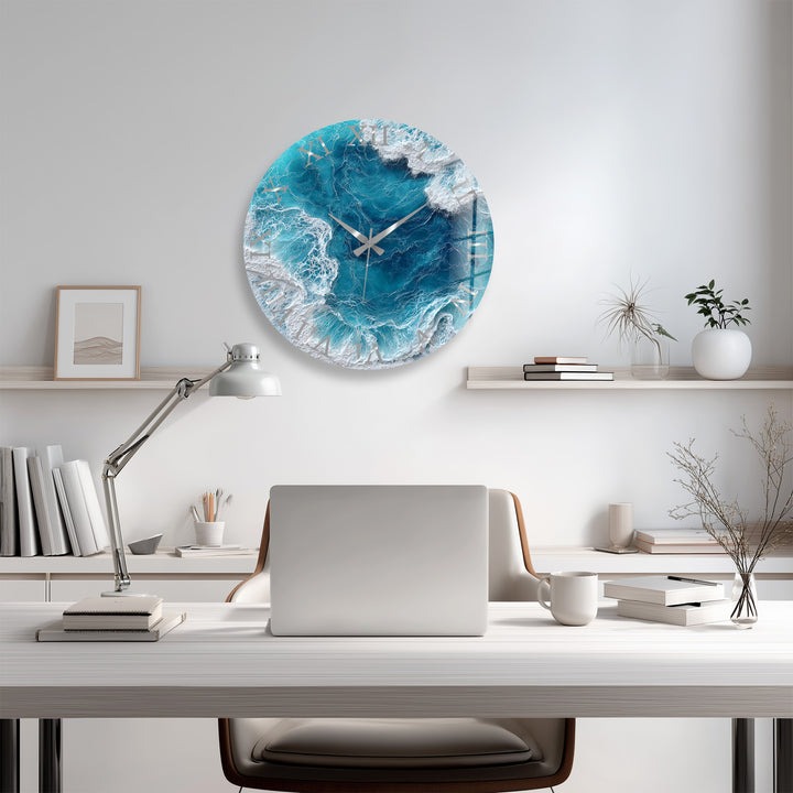 Ocean Waves Glass Wall Clock – Blue Coastal Beach House Decor