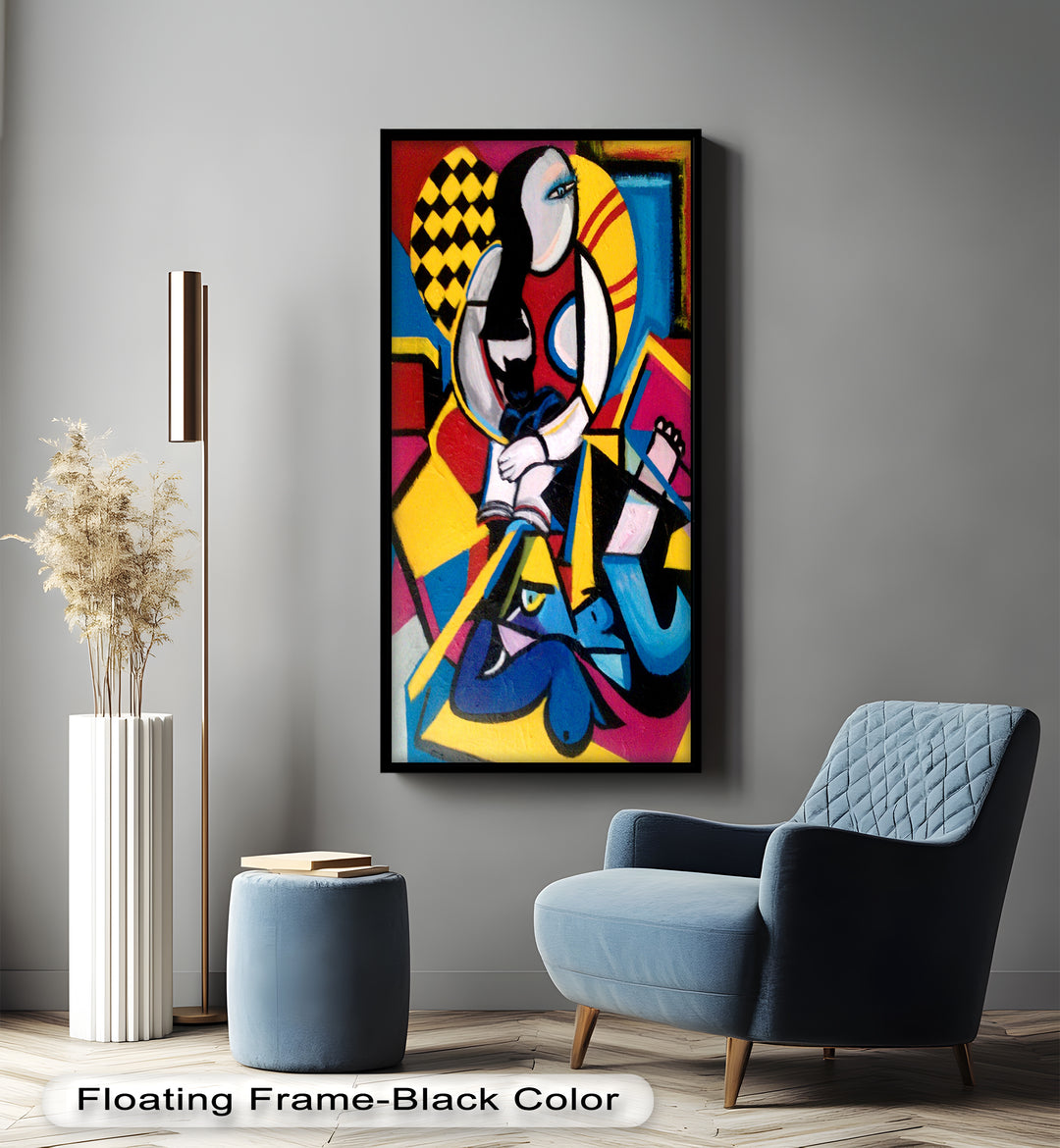 Bunte sitzende Frau Wandkunst – kubistisches Ölgemälde