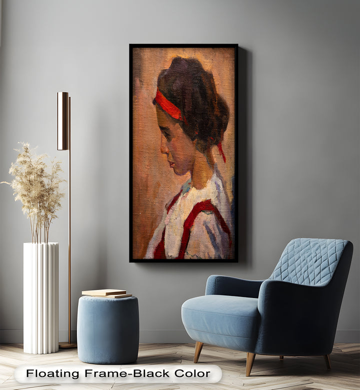 Crimson Reverie – Side Portrait of a Girl in Red Headband Oil Painting