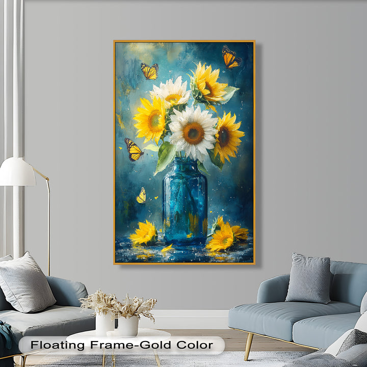 Sun-Kissed Radiance – Sunflowers in Blue Jar Flower Oil Painting