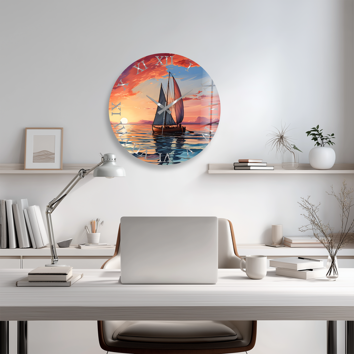 Sunset Sailboat Glass Wall Clock – Coastal Nautical Decor