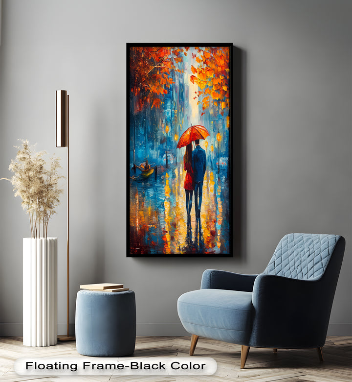 Romantic Couple Strolling Under Red Umbrella - Love Oil Painting