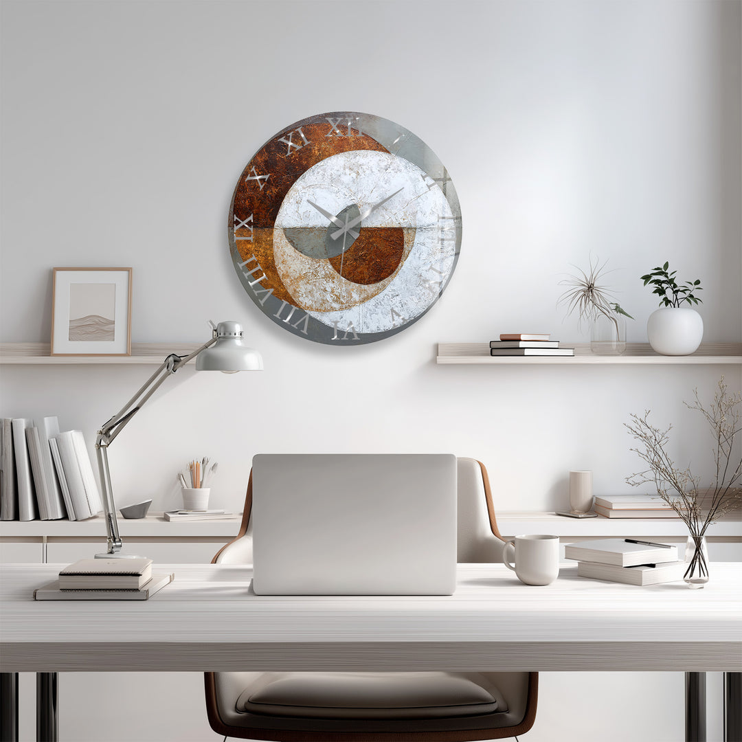 Rust and Gray Glass Wall Clock – Industrial Abstract Circle Art