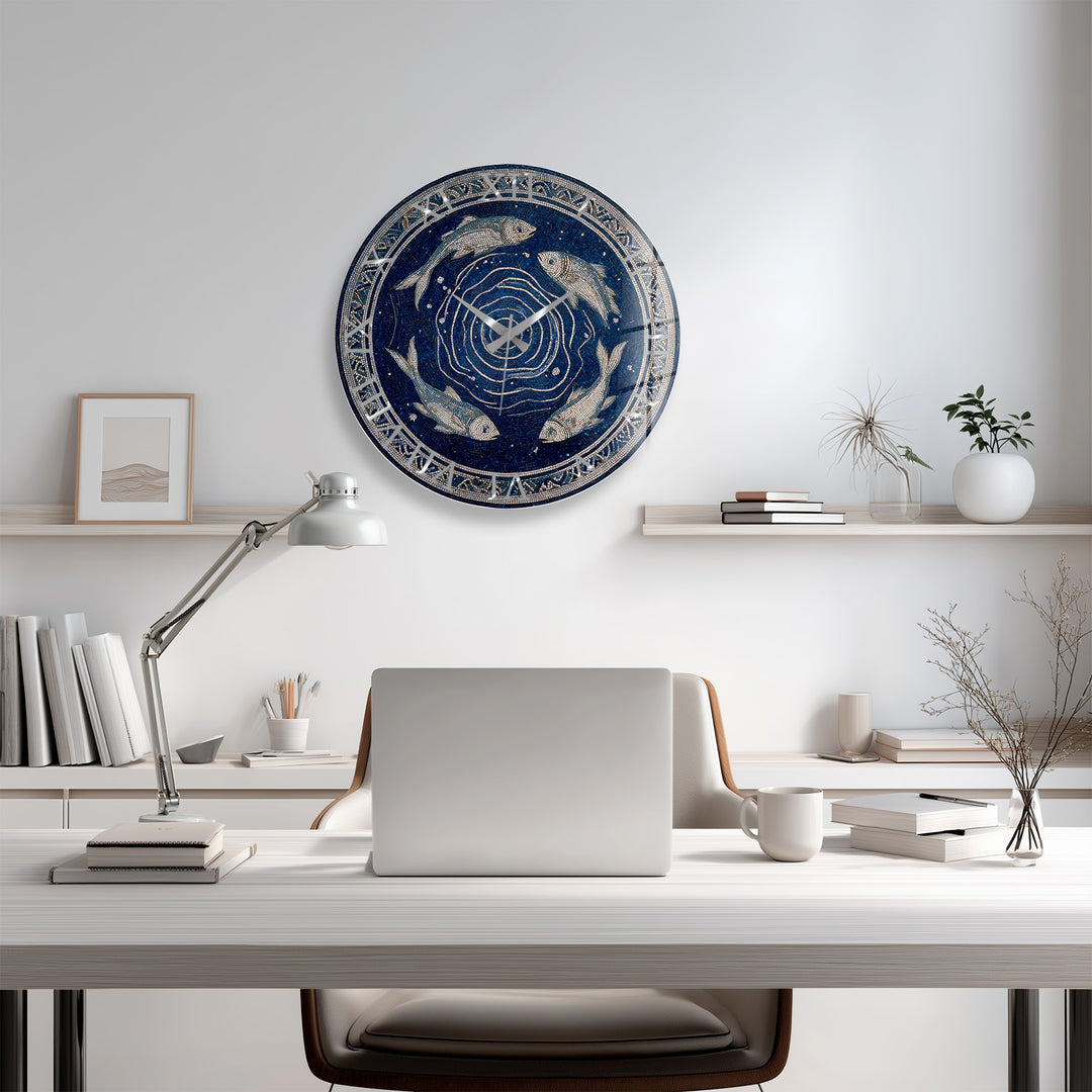 Blue Fish Mosaic Glass Wall Clock – Mediterranean Coastal Decor