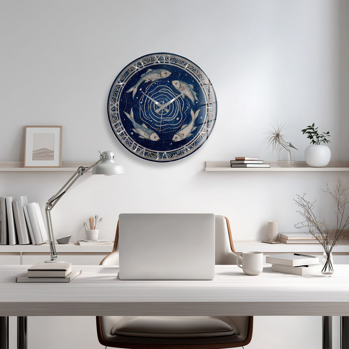 Blue Fish Mosaic Glass Wall Clock – Mediterranean Coastal Decor