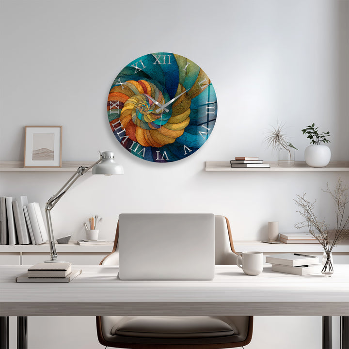 Abstract Spiral Glass Wall Clock – Teal and Gold Swirl Art