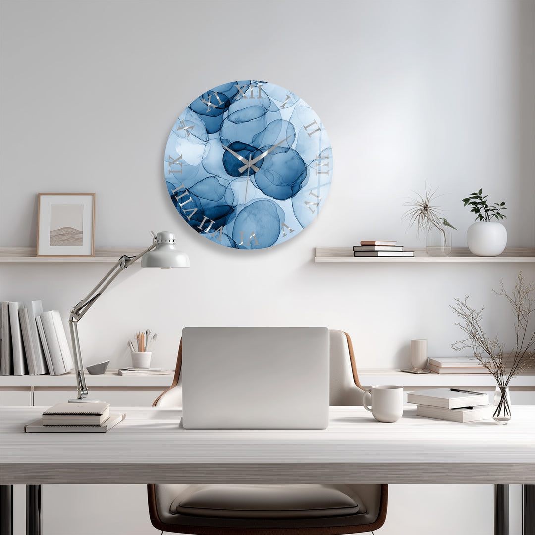 Blue Abstract Glass Wall Clock – Modern Alcohol Ink Art