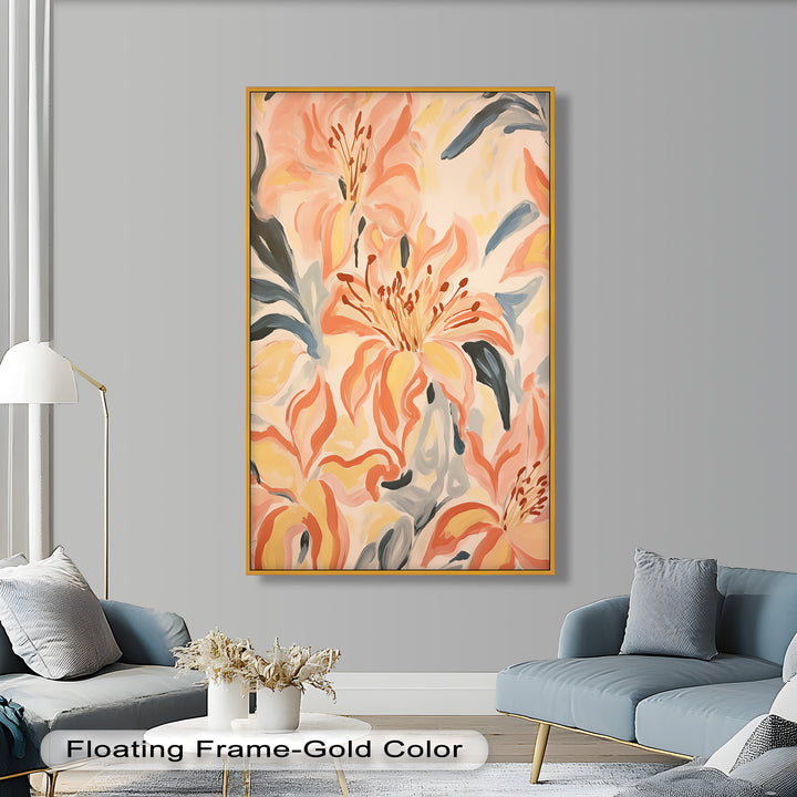 Sunlit Lilies – Abstract Coral Flower Oil Painting