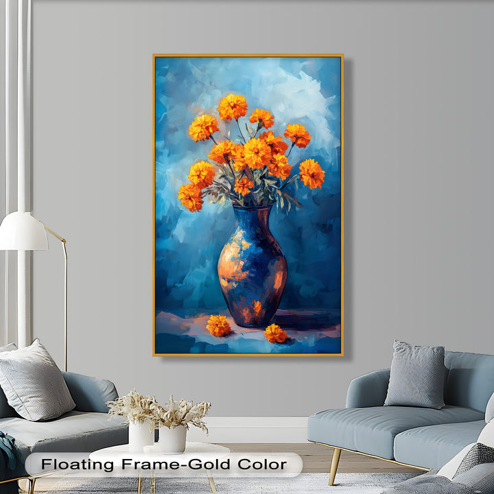 Golden Marigolds in Midnight Blue – Flower Oil Painting