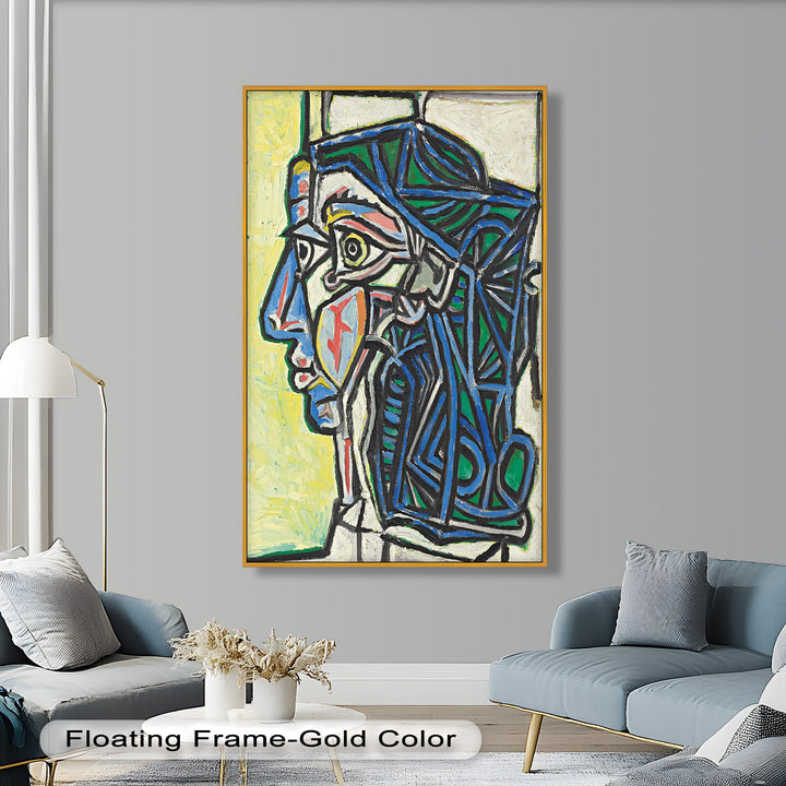 Angular Gaze – Geometric Portrait with Blue and Green Lines Picasso Oil Painting