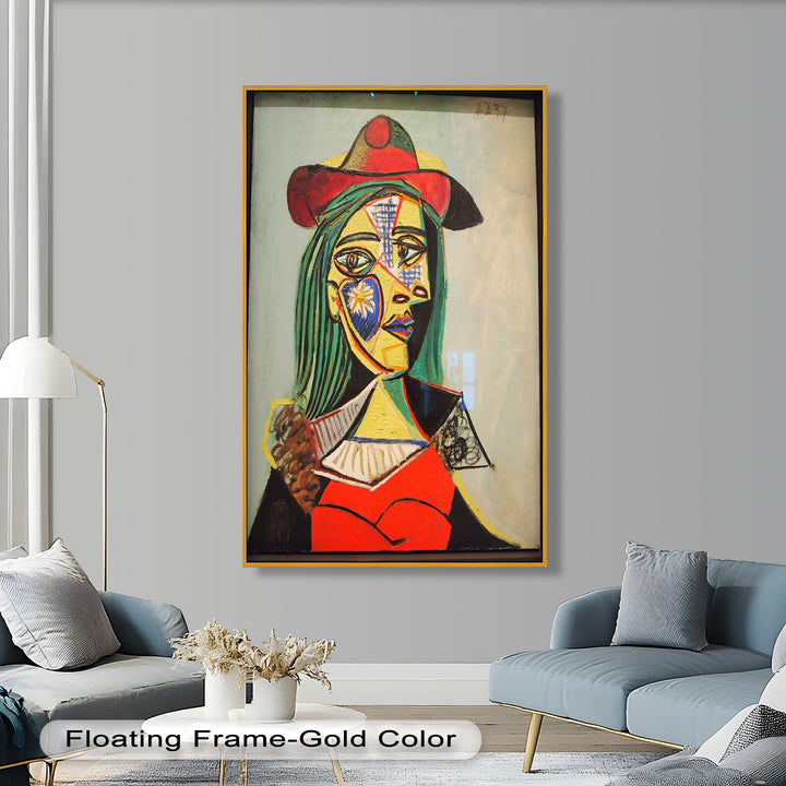 Strahlender Blick – Frau mit rotem Hut, kubistisches Porträt, Picasso-Ölgemälde