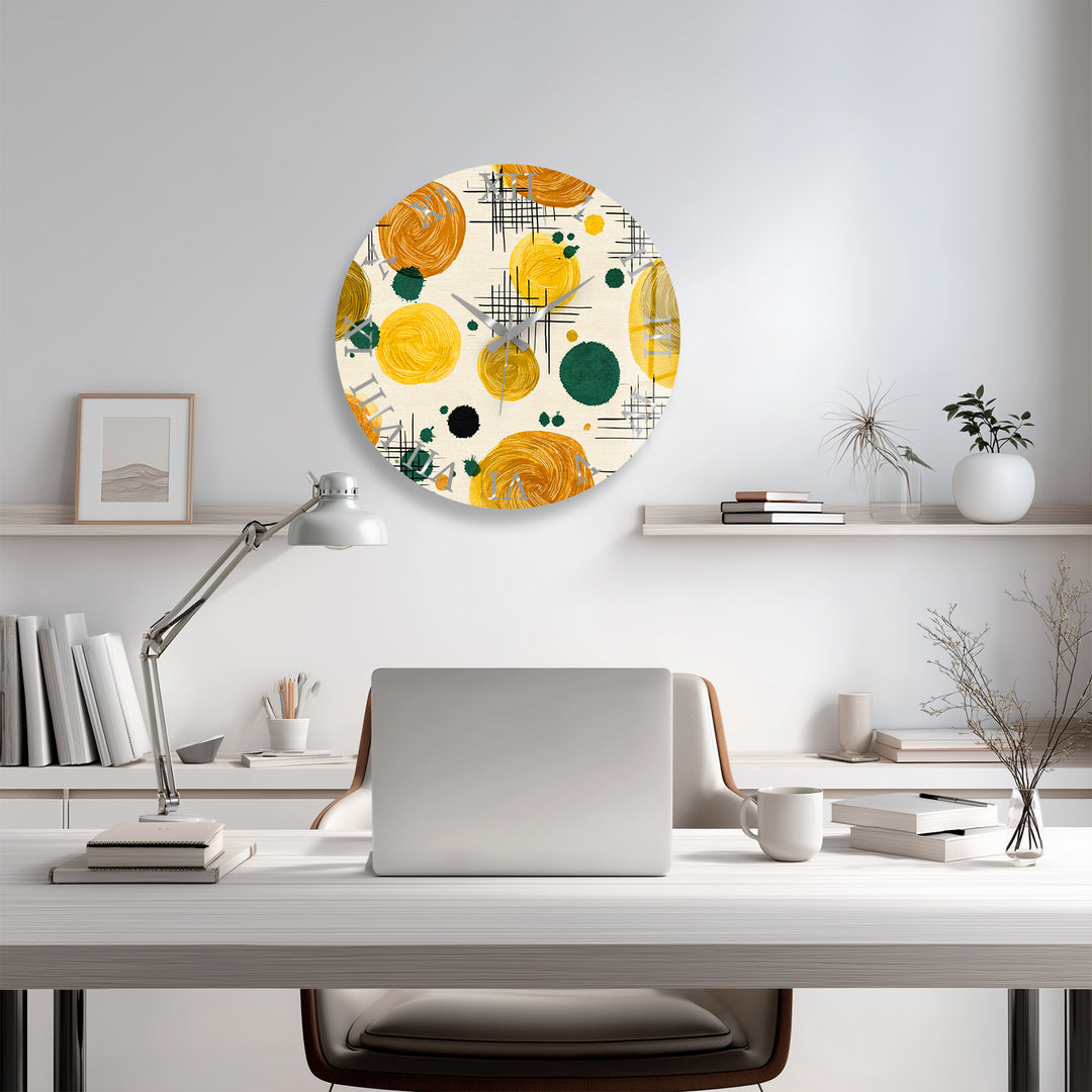 Mustard Yellow Glass Wall Clock – Retro Abstract Circle Art