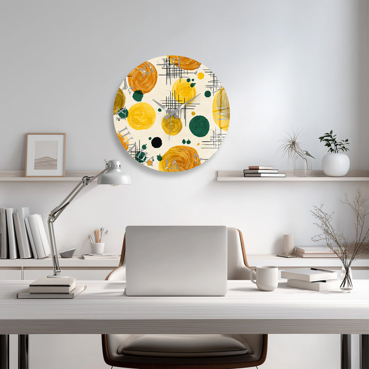 Mustard Yellow Glass Wall Clock – Retro Abstract Circle Art