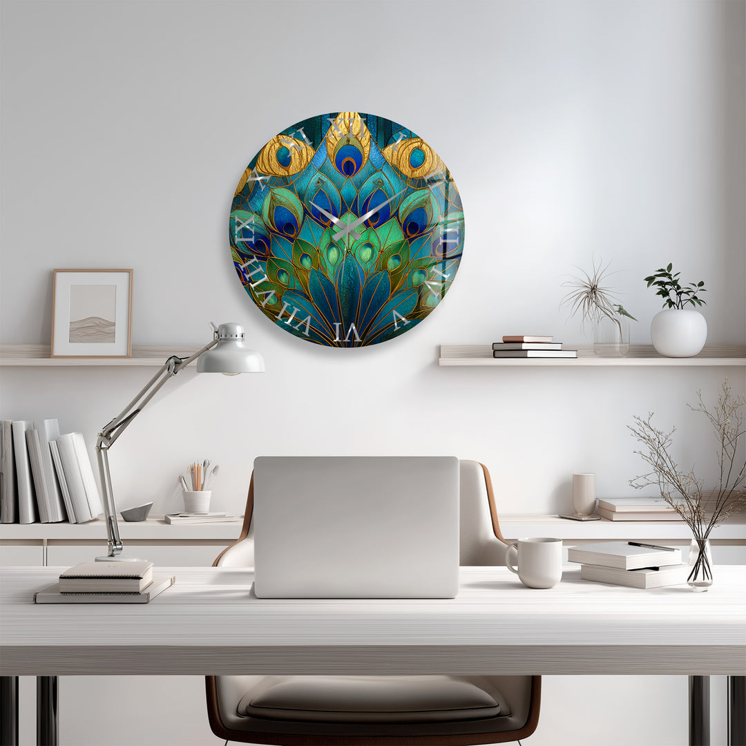 Peacock Feather Glass Wall Clock – Blue Art Nouveau Decor